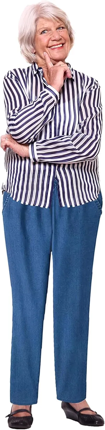 EOM Womans Pull On Side Pockets Full Elastic Waist Jeans