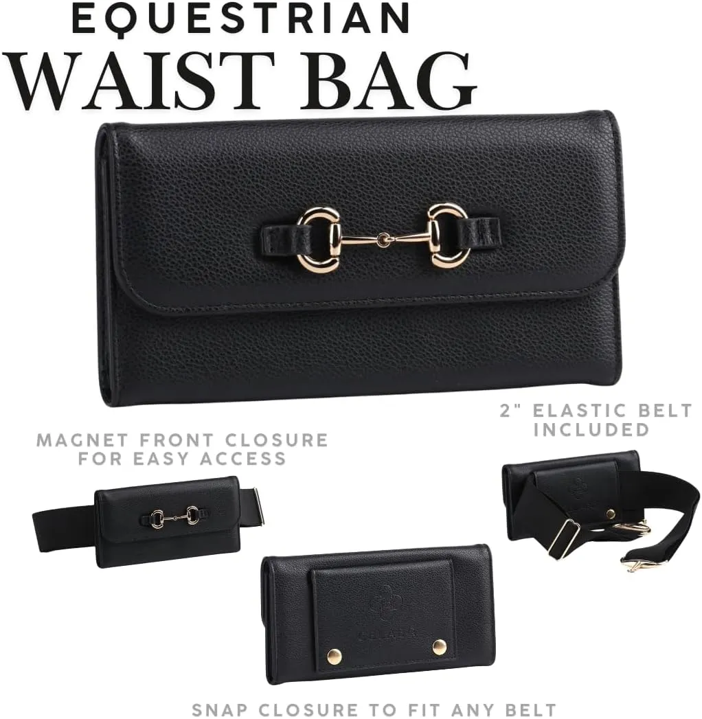 Equestrian Belt and Waist Bag for Phone 2 inch elastic equestrian belt for Women Girls Horse Riders leather belt bag phone holster (Black case and belt with Gold Bit Buckle)