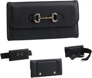 Equestrian Belt and Waist Bag for Phone 2 inch elastic equestrian belt for Women Girls Horse Riders leather belt bag phone holster (Black case and belt with Gold Bit Buckle)