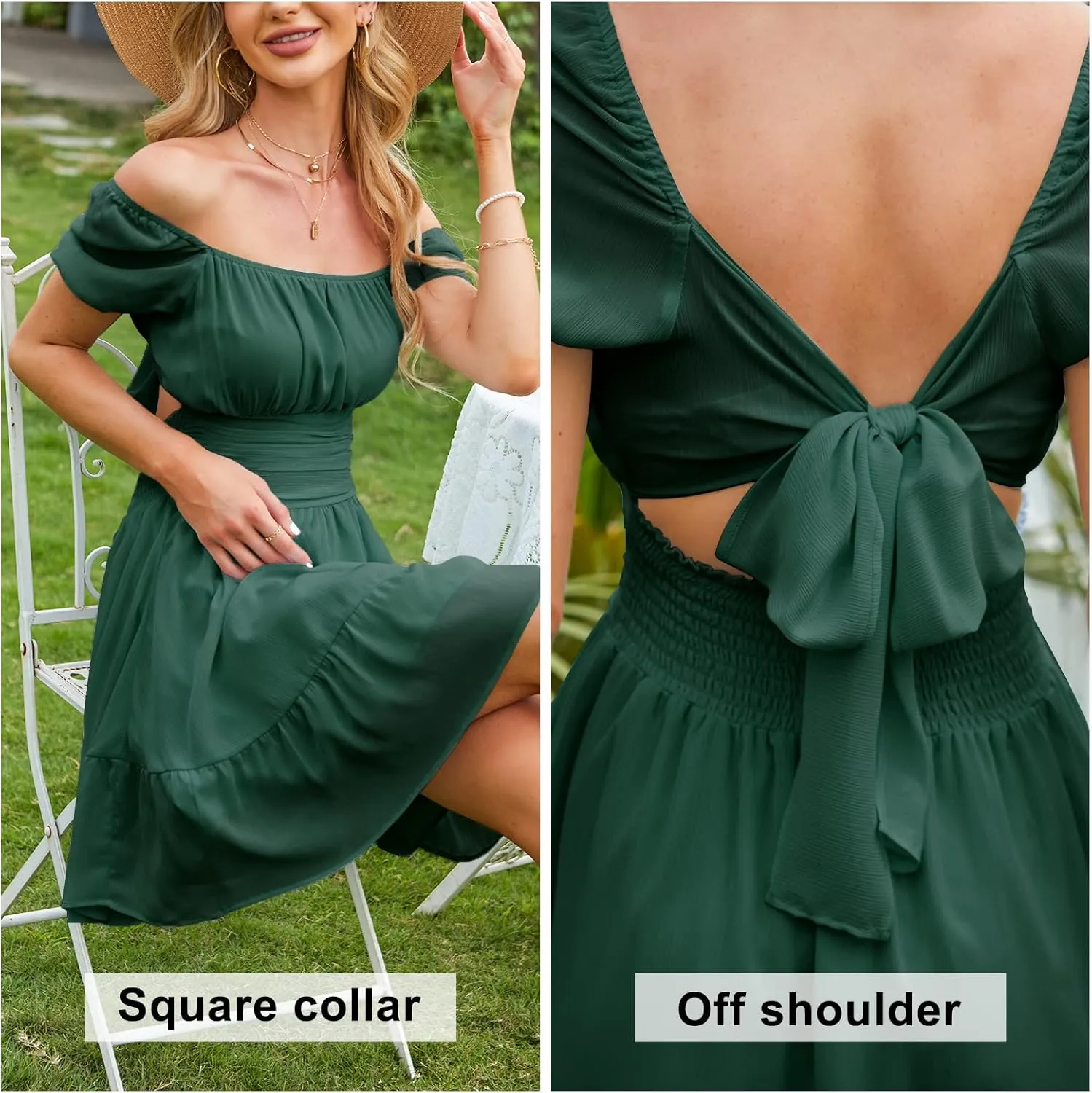 EXLURA Women's 2025 Summer Short Puff Sleeve Casual Short Mini Dresses Tie Back Square Neck A-Line Sundress