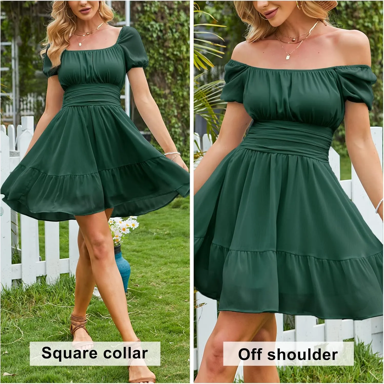 EXLURA Women's 2025 Summer Short Puff Sleeve Casual Short Mini Dresses Tie Back Square Neck A-Line Sundress