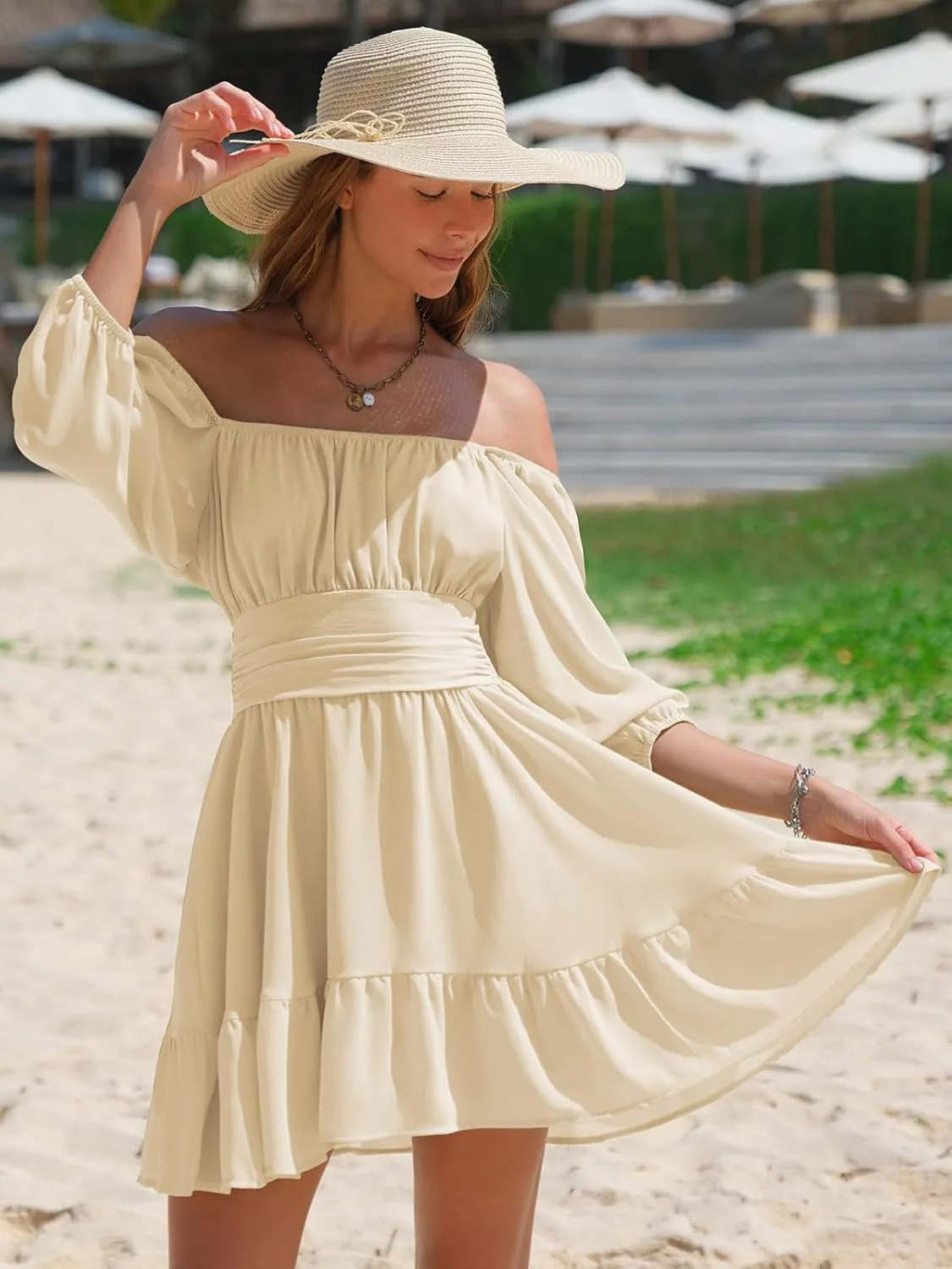 EXLURA Women's Lantern Sleeve Tie Back Summer Dress Ruffled Off Shoulder A-Line Vintage Mini Dress