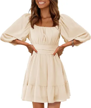 EXLURA Women's Lantern Sleeve Tie Back Summer Dress Ruffled Off Shoulder A-Line Vintage Mini Dress