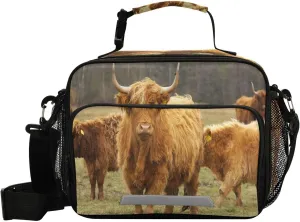 Exnundod Highland Cattle Pasture Reusable Lunch Bag Autumn Animal Print Insulated Cooler Bag Keep Thermal Lunch Box Tote for Picnic Office Camping Daily Use