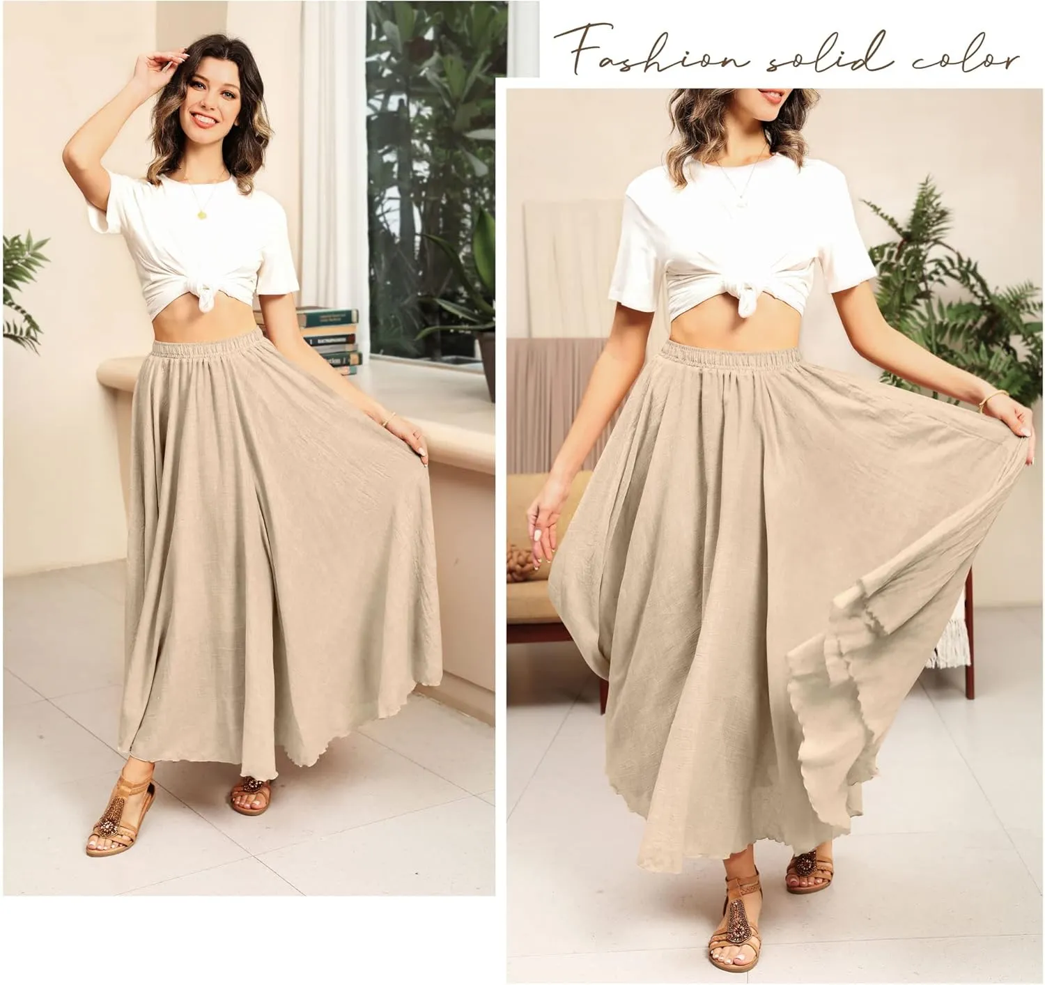 Ezcosplay Women Bohemian Beach A-Line Dress Double Layer Elastic Waist Long Maxi Skirt