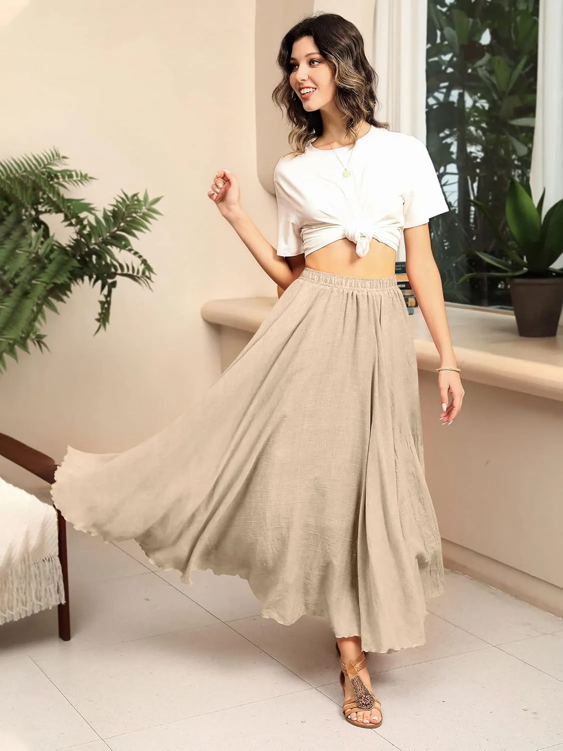 Ezcosplay Women Bohemian Beach A-Line Dress Double Layer Elastic Waist Long Maxi Skirt