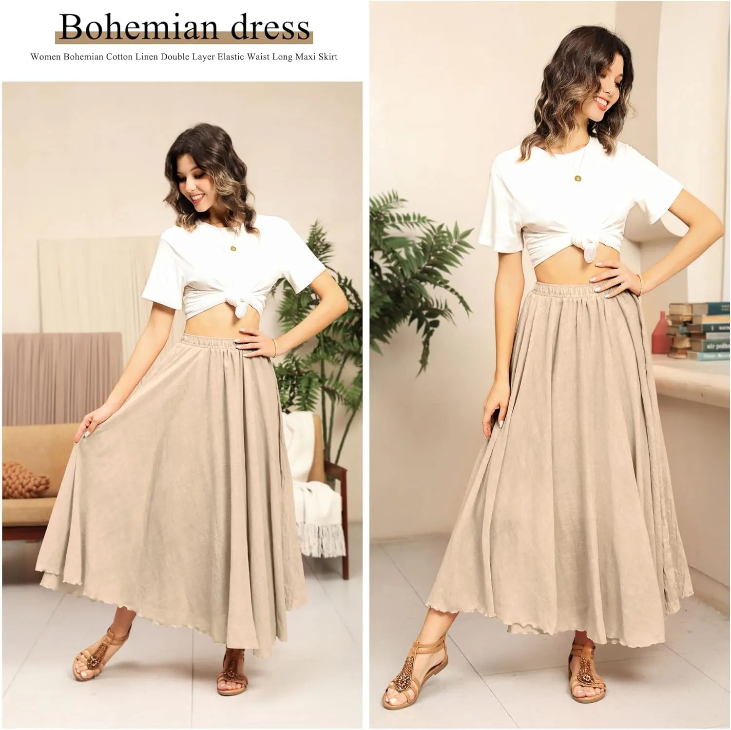 Ezcosplay Women Bohemian Beach A-Line Dress Double Layer Elastic Waist Long Maxi Skirt