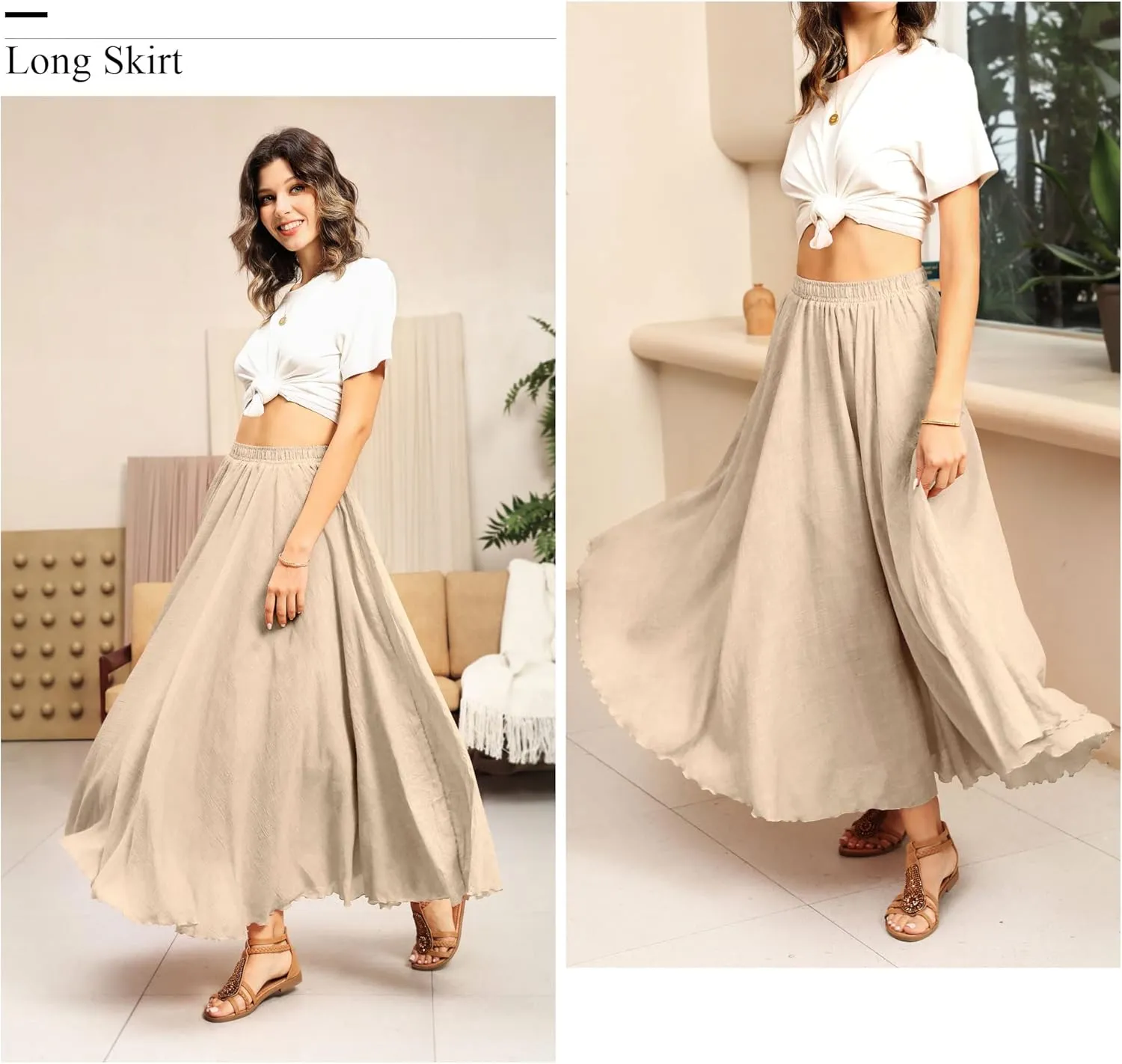 Ezcosplay Women Bohemian Beach A-Line Dress Double Layer Elastic Waist Long Maxi Skirt