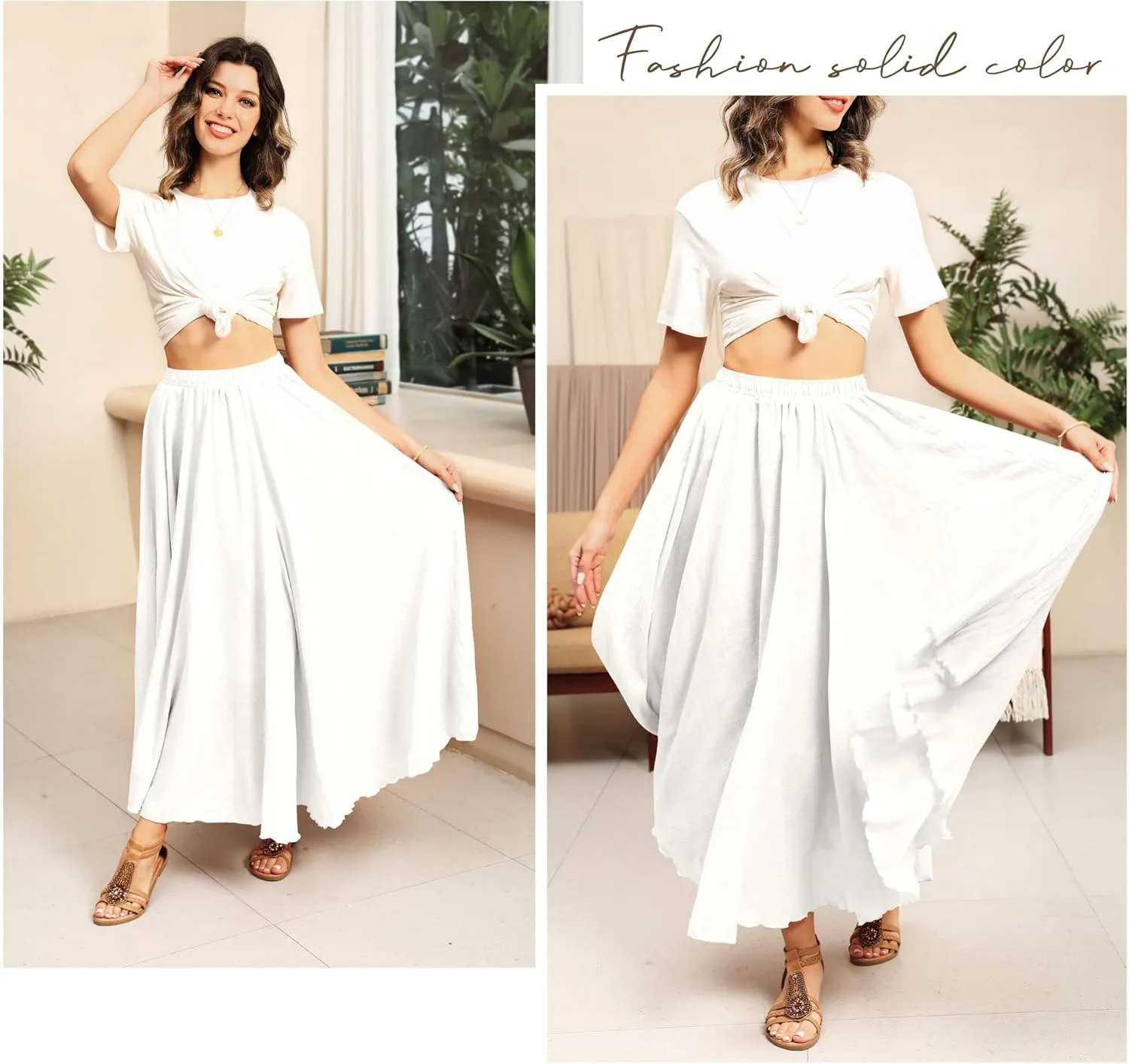 Ezcosplay Women Bohemian Beach A-Line Dress Double Layer Elastic Waist Long Maxi Skirt