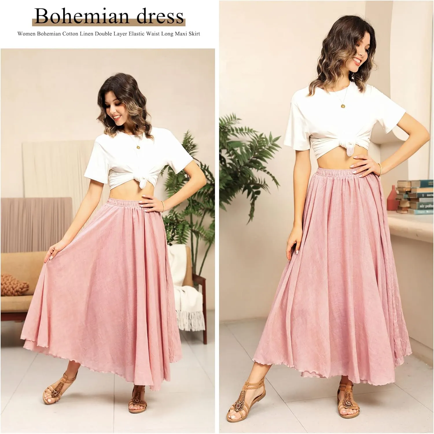 Ezcosplay Women Bohemian Beach A-Line Dress Double Layer Elastic Waist Long Maxi Skirt