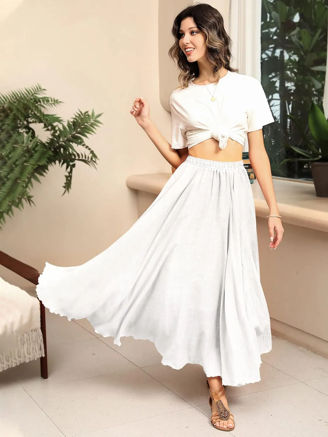 Ezcosplay Women Bohemian Beach A-Line Dress Double Layer Elastic Waist Long Maxi Skirt
