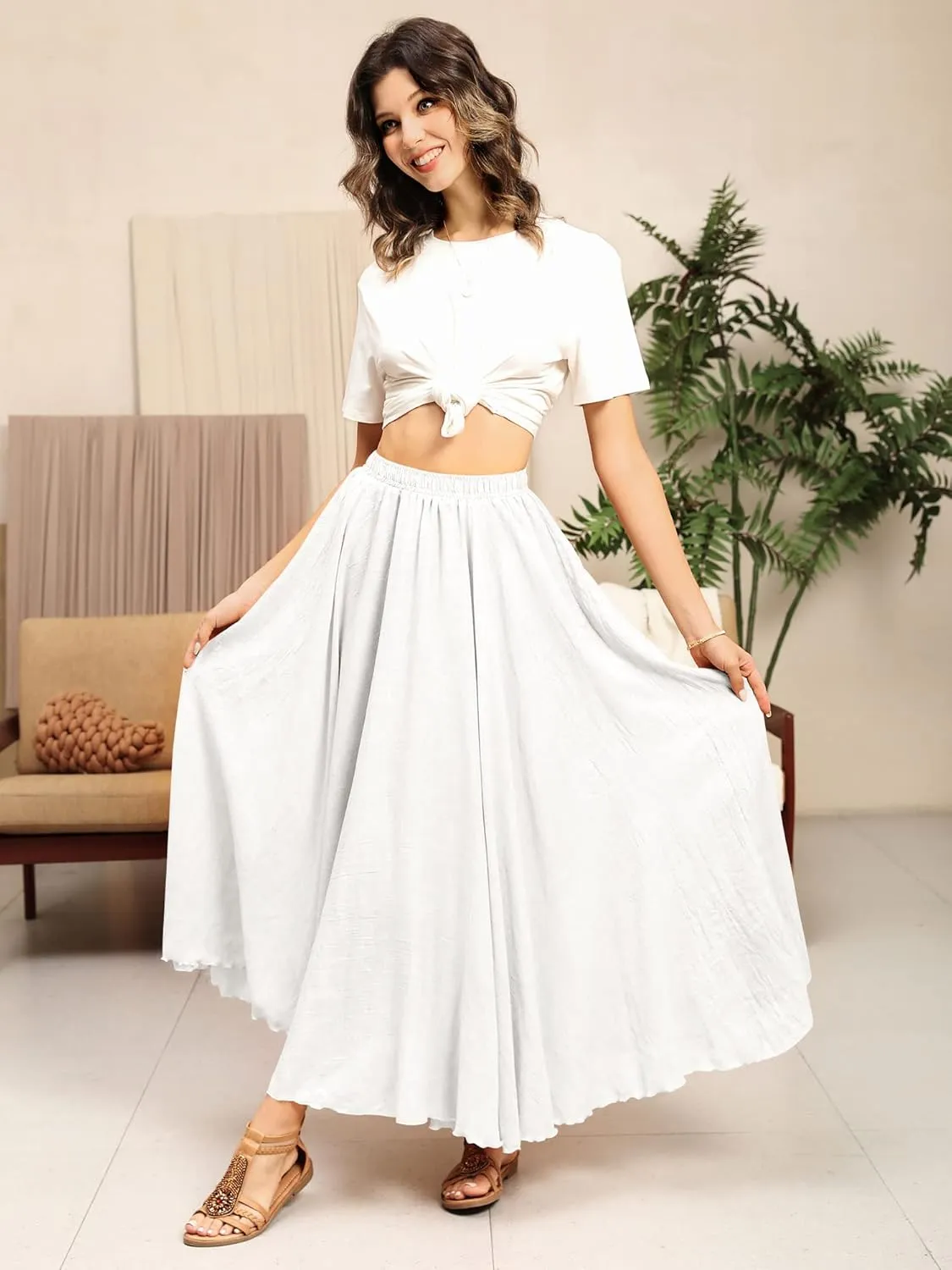 Ezcosplay Women Bohemian Beach A-Line Dress Double Layer Elastic Waist Long Maxi Skirt