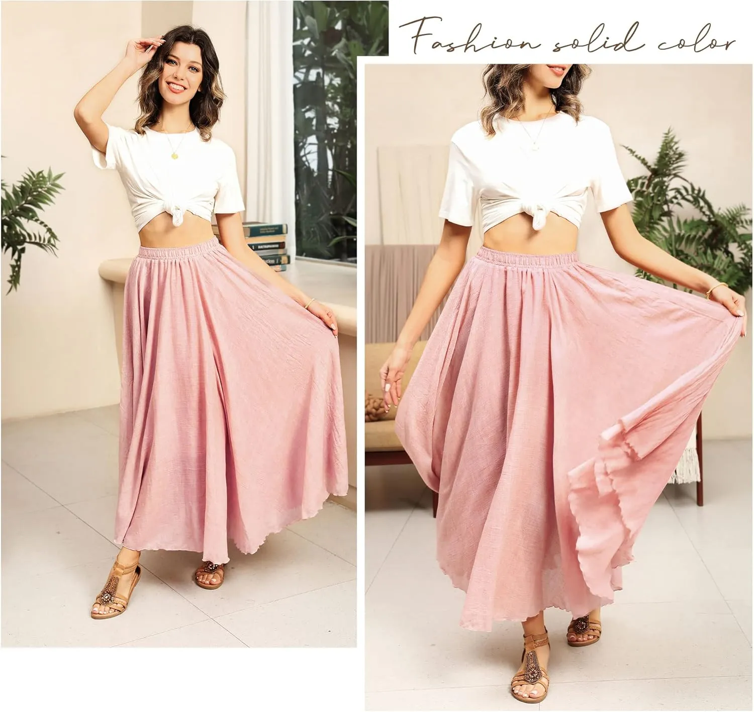 Ezcosplay Women Bohemian Beach A-Line Dress Double Layer Elastic Waist Long Maxi Skirt