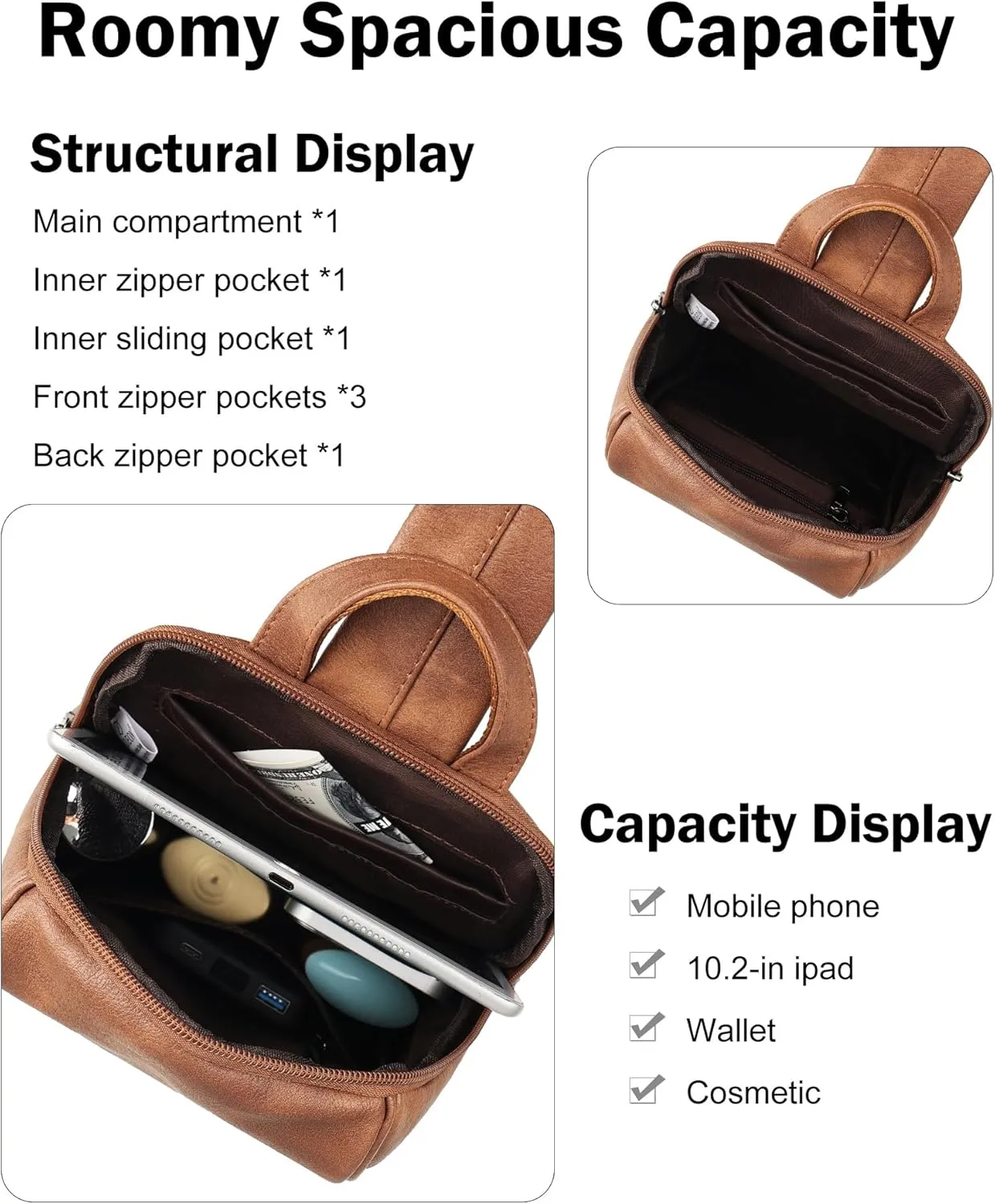 FADEON Sling Bag for Women Crossbody Purse Sling Bags, Designer Sling Purses Medium Travel Multi-Pocket Sling Backpack