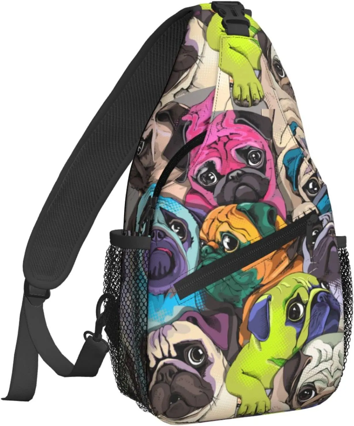 Famame Colorful Pug Dogs Funny Puppy Sling Backpack Chest Bag Crossbody Shoulder Bag Gym Cycling Travel Hiking Daypack For Men Women Multicolor 33