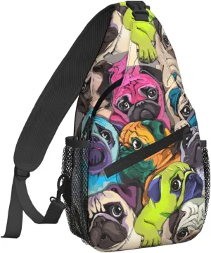 Famame Colorful Pug Dogs Funny Puppy Sling Backpack Chest Bag Crossbody Shoulder Bag Gym Cycling Travel Hiking Daypack For Men Women Multicolor 33