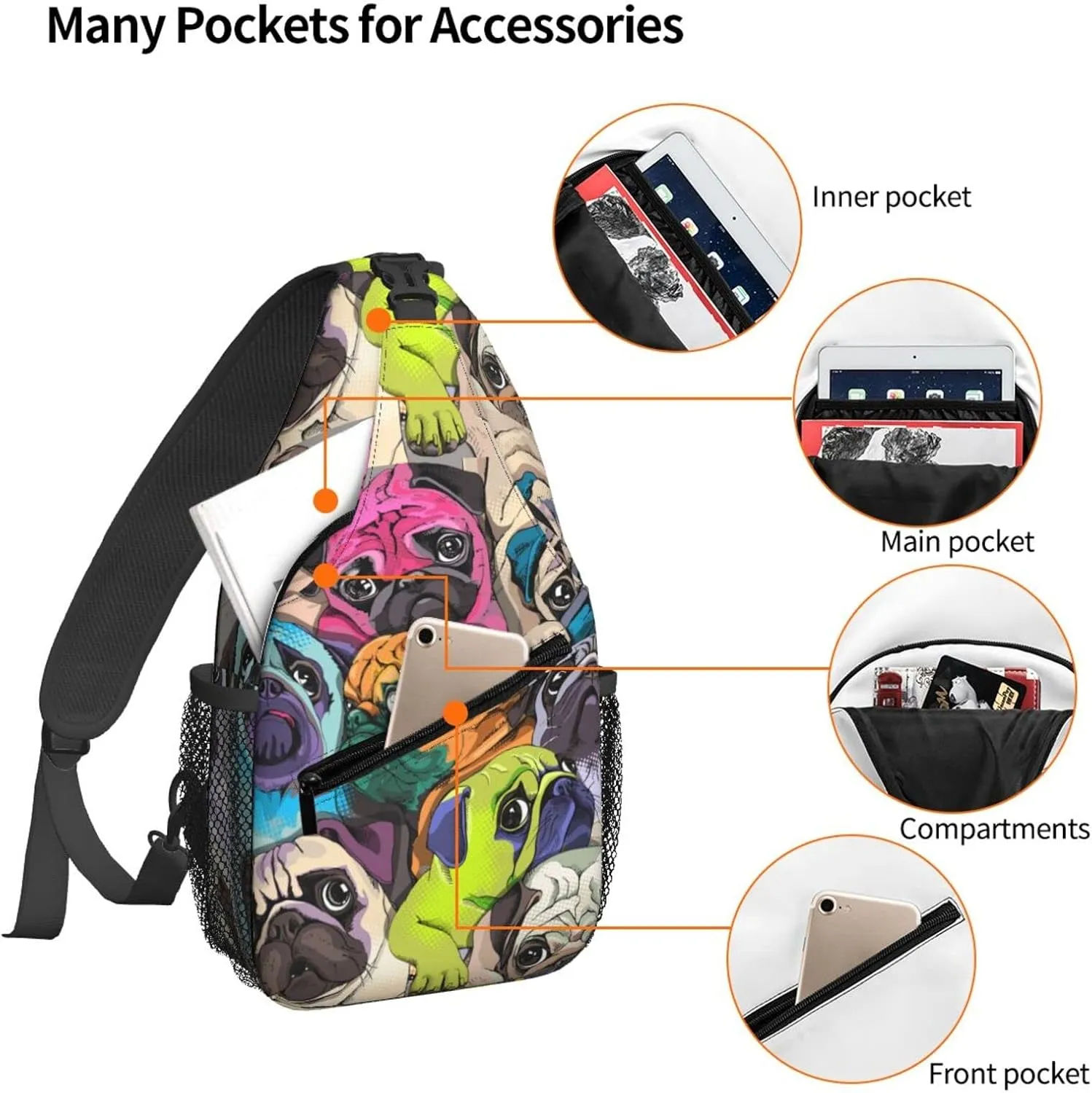 Famame Colorful Pug Dogs Funny Puppy Sling Backpack Chest Bag Crossbody Shoulder Bag Gym Cycling Travel Hiking Daypack For Men Women Multicolor 33