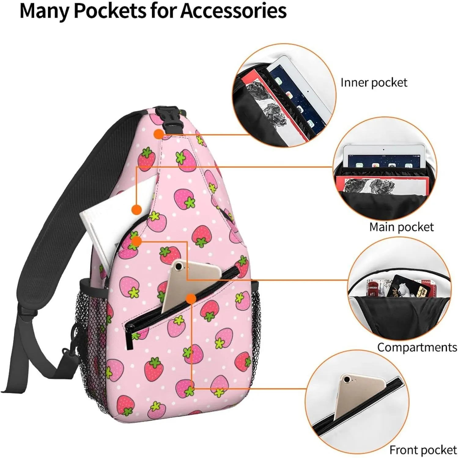 Famame Cute Strawberry Pink Sling Backpack Chest Bag Crossbody Shoulder Bag Gym Cycling Travel Hiking Daypack For Men Women Multicolor 16