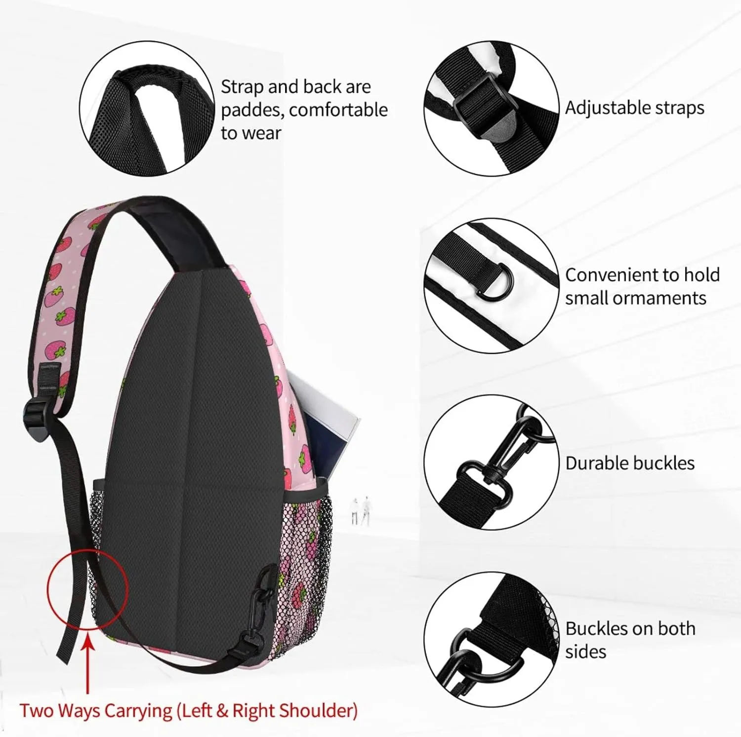 Famame Cute Strawberry Pink Sling Backpack Chest Bag Crossbody Shoulder Bag Gym Cycling Travel Hiking Daypack For Men Women Multicolor 16