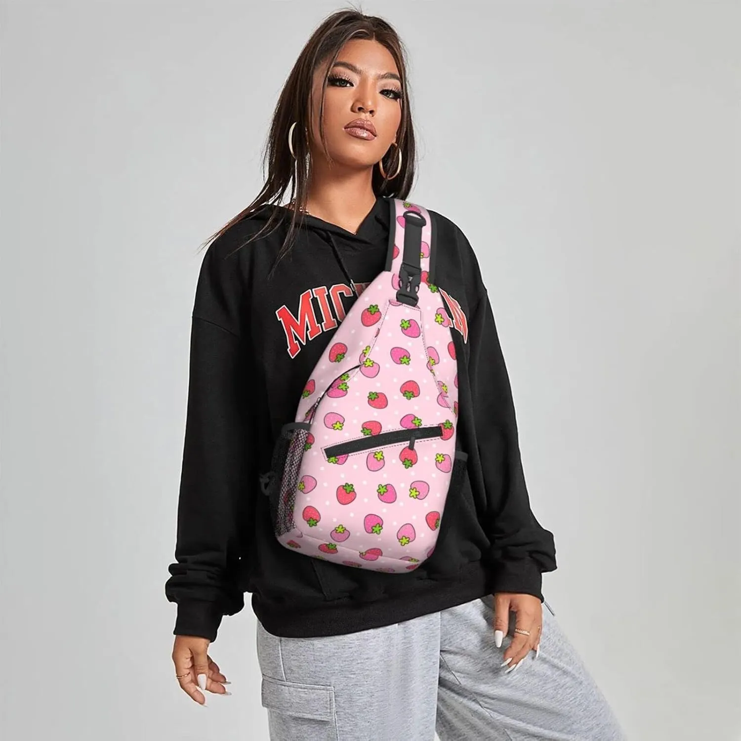 Famame Cute Strawberry Pink Sling Backpack Chest Bag Crossbody Shoulder Bag Gym Cycling Travel Hiking Daypack For Men Women Multicolor 16