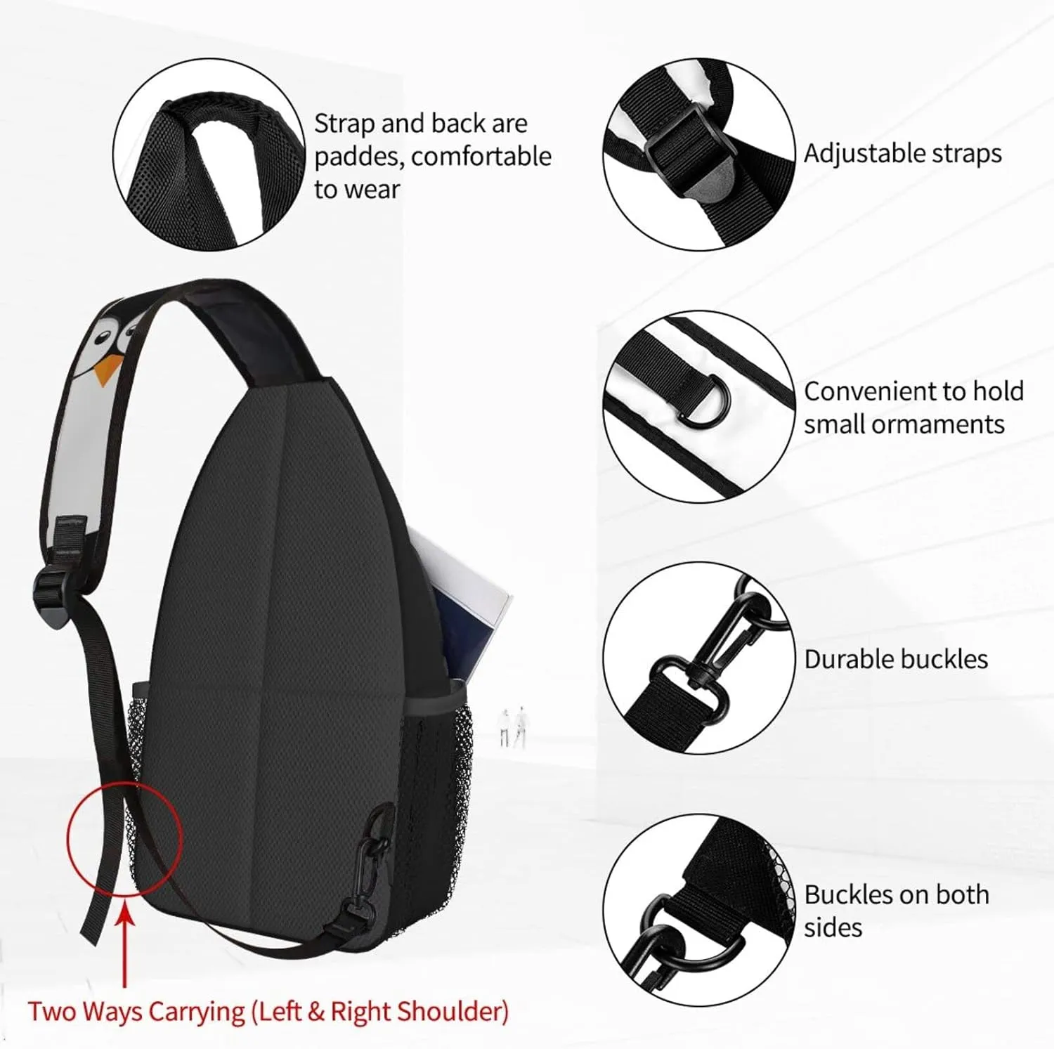 Famame Funny Penguin Face Sling Backpack Chest Bag Crossbody Shoulder Bag Gym Cycling Travel Hiking Daypack For Men Women