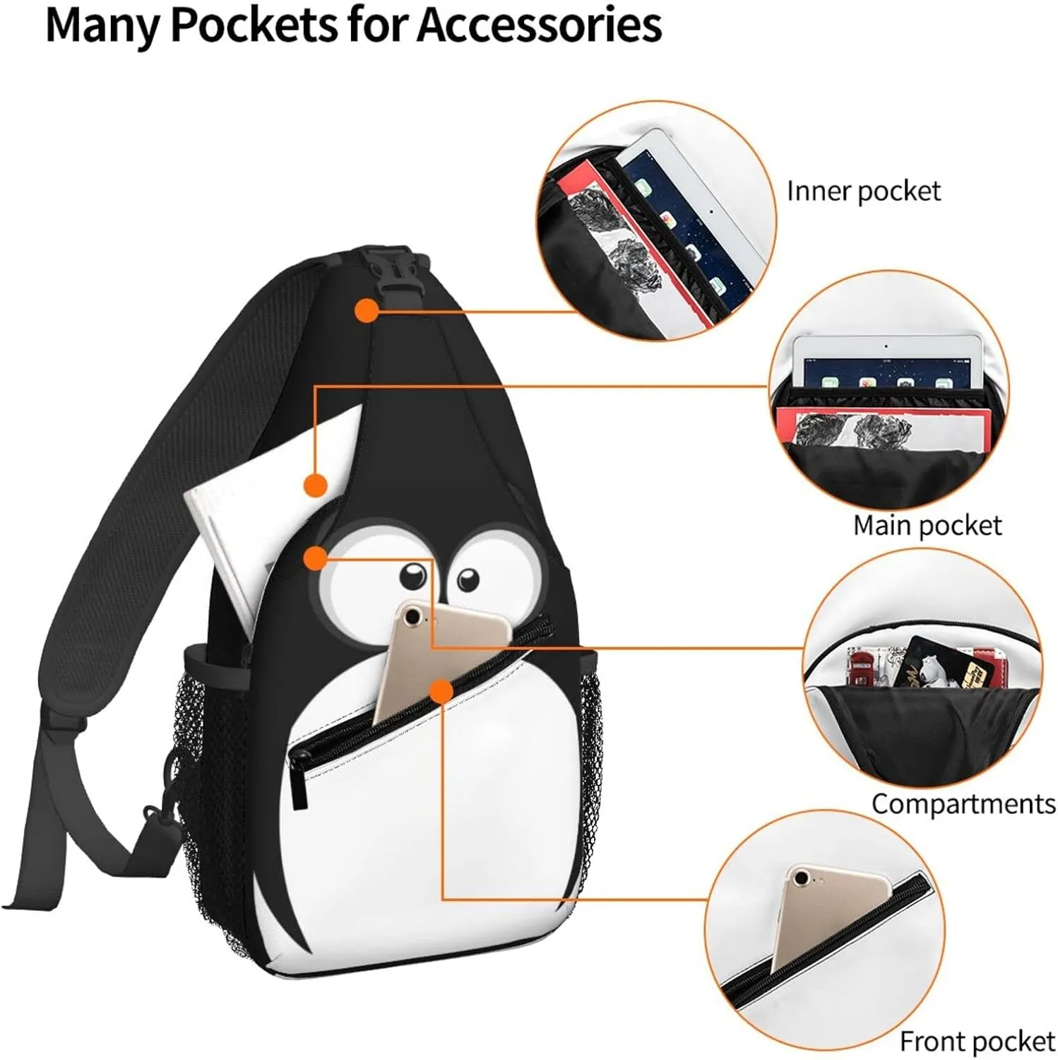 Famame Funny Penguin Face Sling Backpack Chest Bag Crossbody Shoulder Bag Gym Cycling Travel Hiking Daypack For Men Women