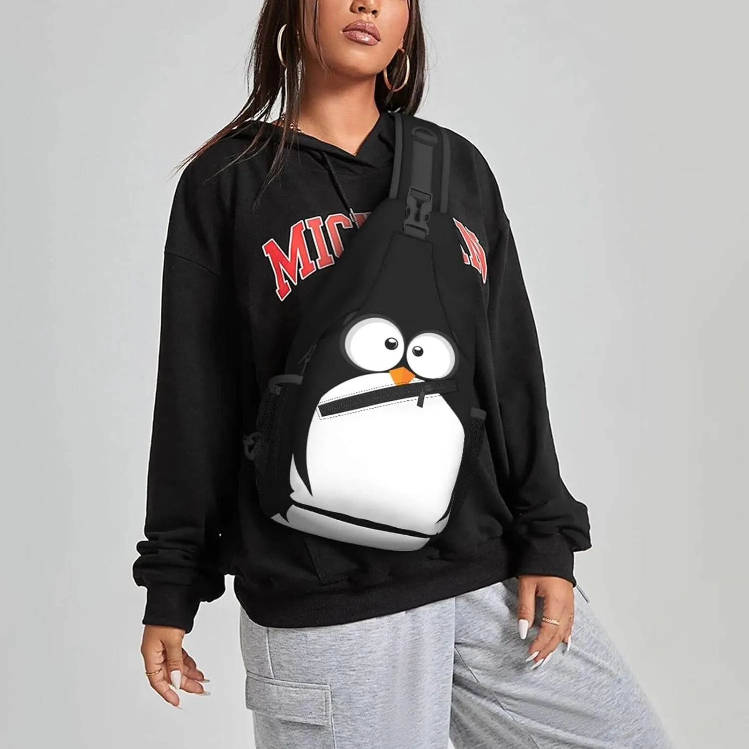 Famame Funny Penguin Face Sling Backpack Chest Bag Crossbody Shoulder Bag Gym Cycling Travel Hiking Daypack For Men Women