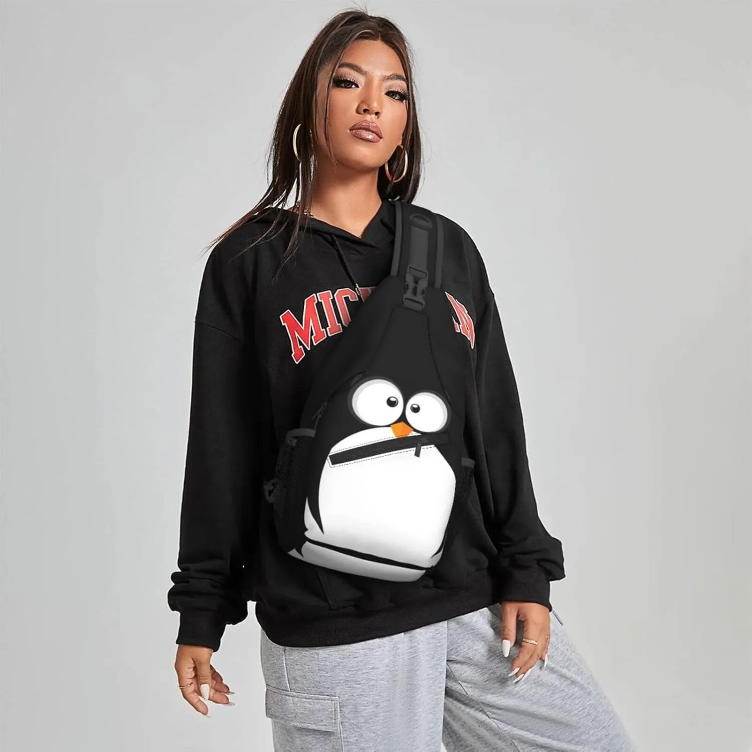 Famame Funny Penguin Face Sling Backpack Chest Bag Crossbody Shoulder Bag Gym Cycling Travel Hiking Daypack For Men Women