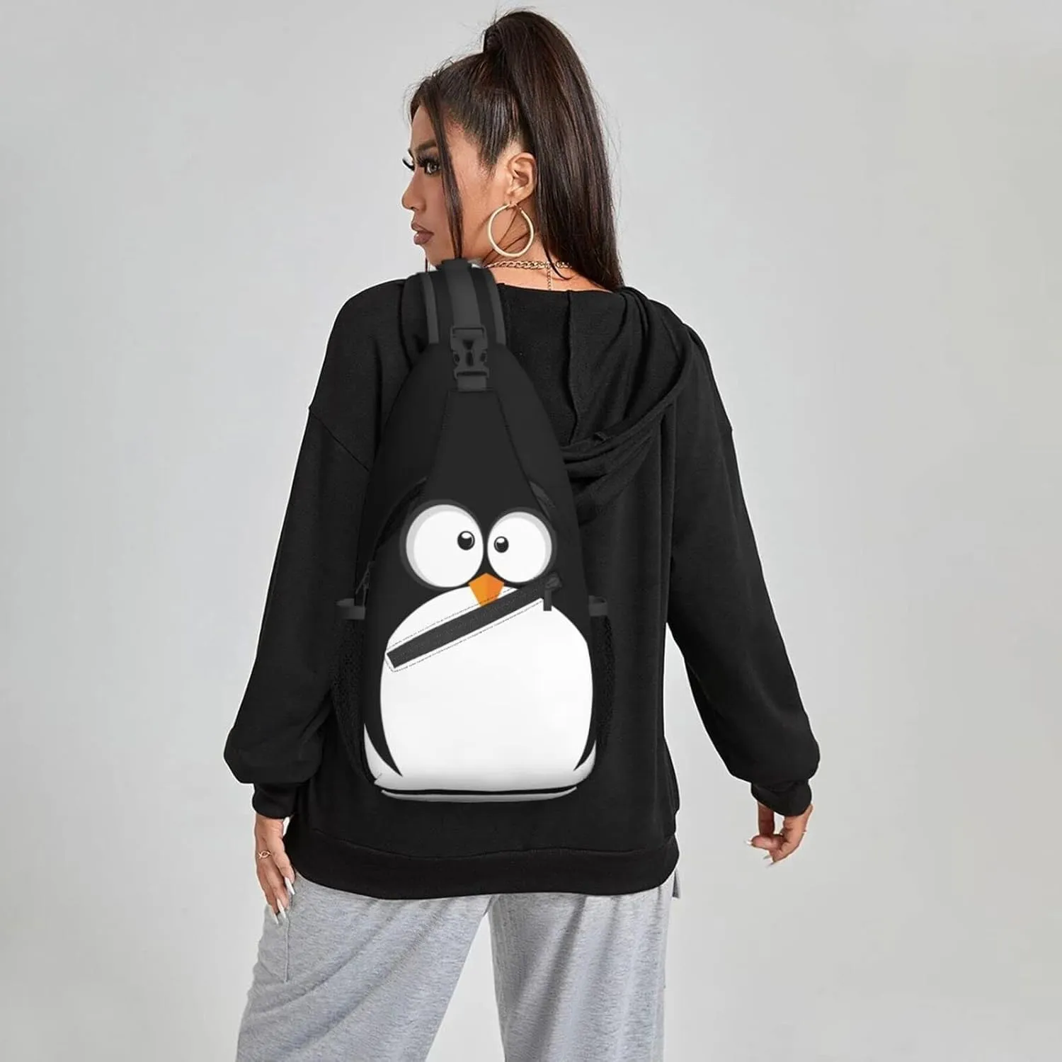 Famame Funny Penguin Face Sling Backpack Chest Bag Crossbody Shoulder Bag Gym Cycling Travel Hiking Daypack For Men Women