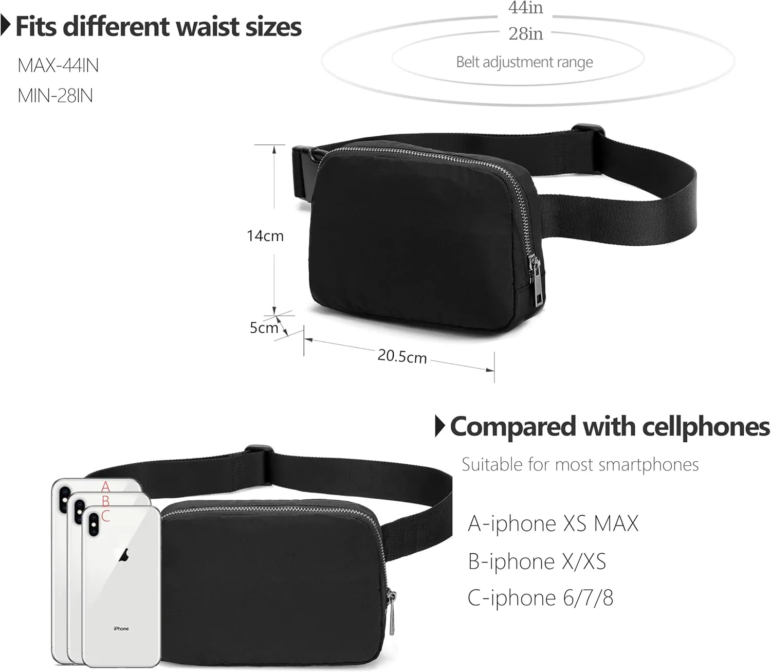 Fanny Belt Bag Waist Pack Crossbody Bags Bum Bag for Running Hiking Travel Workout Adjustable Strap for Women -black