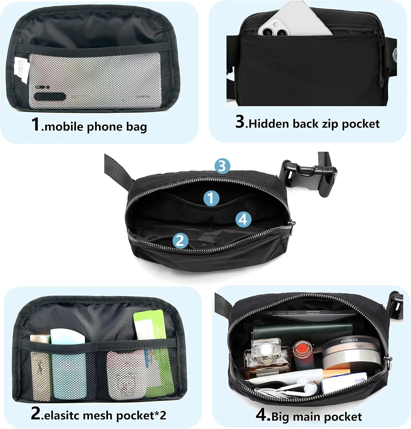 Fanny Belt Bag Waist Pack Crossbody Bags Bum Bag for Running Hiking Travel Workout Adjustable Strap for Women -black