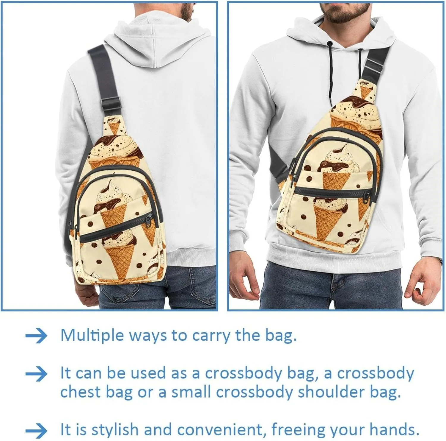 Fanny Pack Cross Body Bag for Outdoors Hiking Traveling, Ice cream with waffle cones (3)