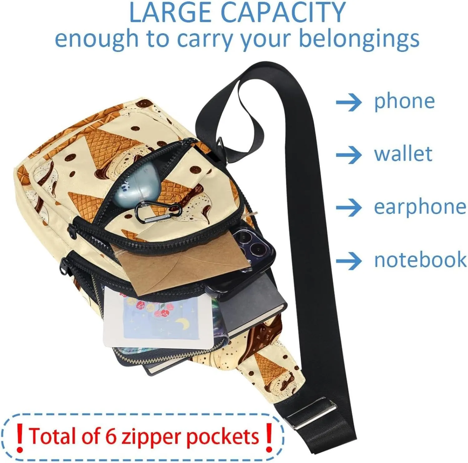Fanny Pack Cross Body Bag for Outdoors Hiking Traveling, Ice cream with waffle cones (3)