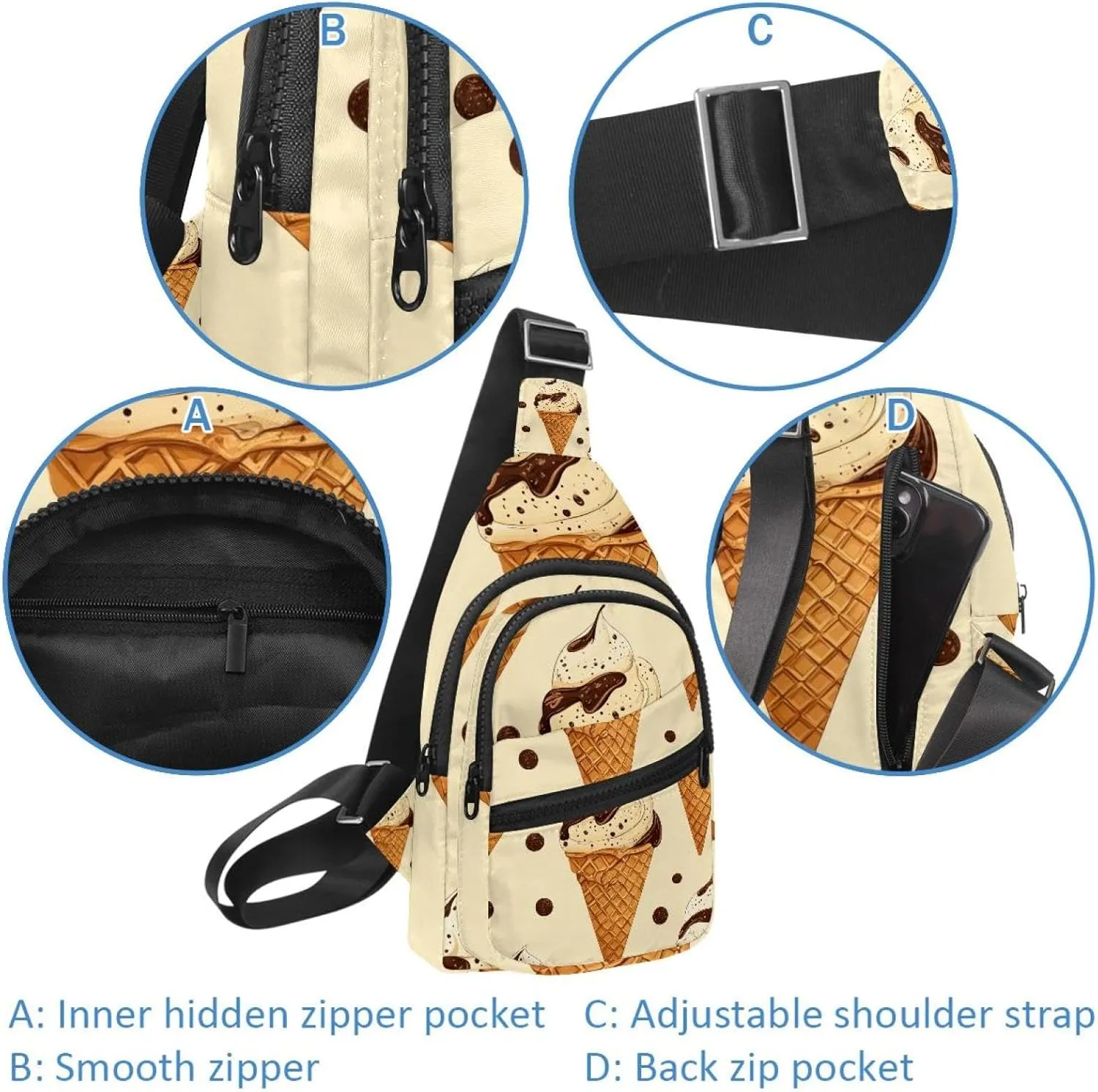 Fanny Pack Cross Body Bag for Outdoors Hiking Traveling, Ice cream with waffle cones (3)
