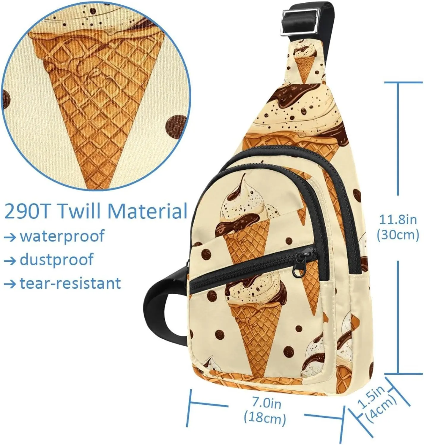 Fanny Pack Cross Body Bag for Outdoors Hiking Traveling, Ice cream with waffle cones (3)