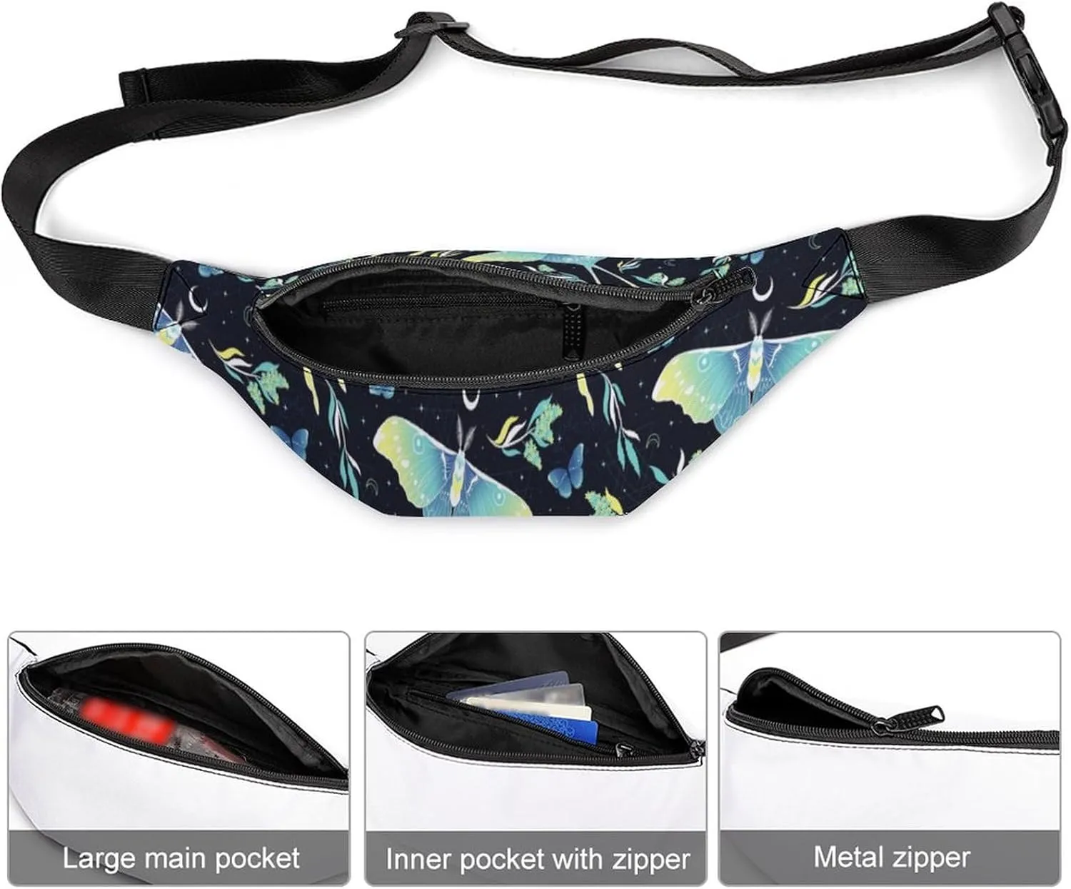 Fanny Pack Crossbody Bags for Women, Waterproof Waist Bag with Adjustable Strap, Goth Moon Butterfly Belt Bag for Travel Sports Workout