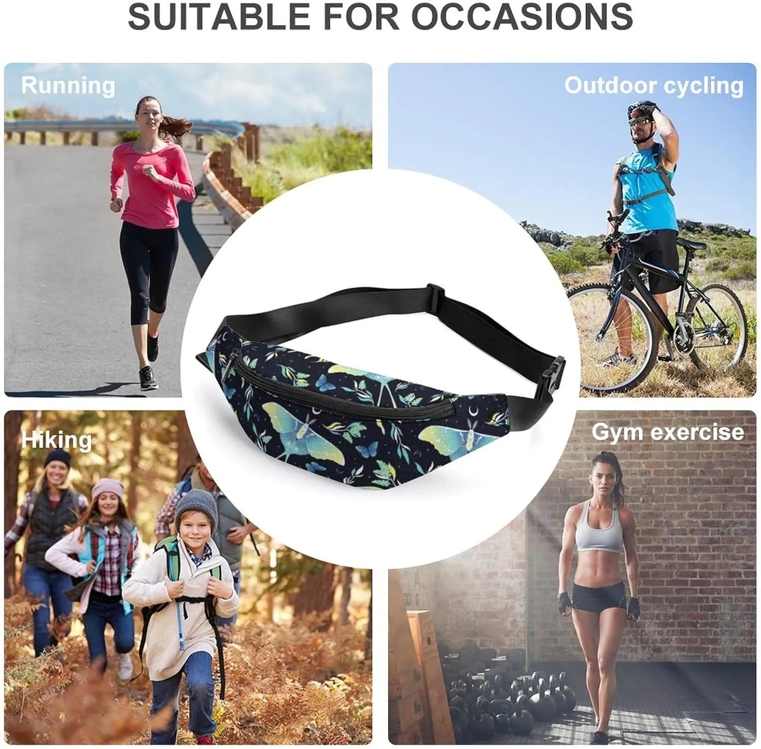 Fanny Pack Crossbody Bags for Women, Waterproof Waist Bag with Adjustable Strap, Goth Moon Butterfly Belt Bag for Travel Sports Workout