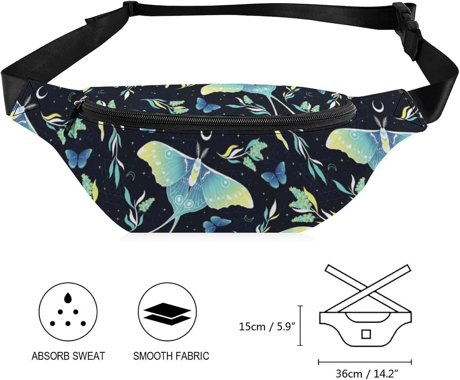 Fanny Pack Crossbody Bags for Women, Waterproof Waist Bag with Adjustable Strap, Goth Moon Butterfly Belt Bag for Travel Sports Workout