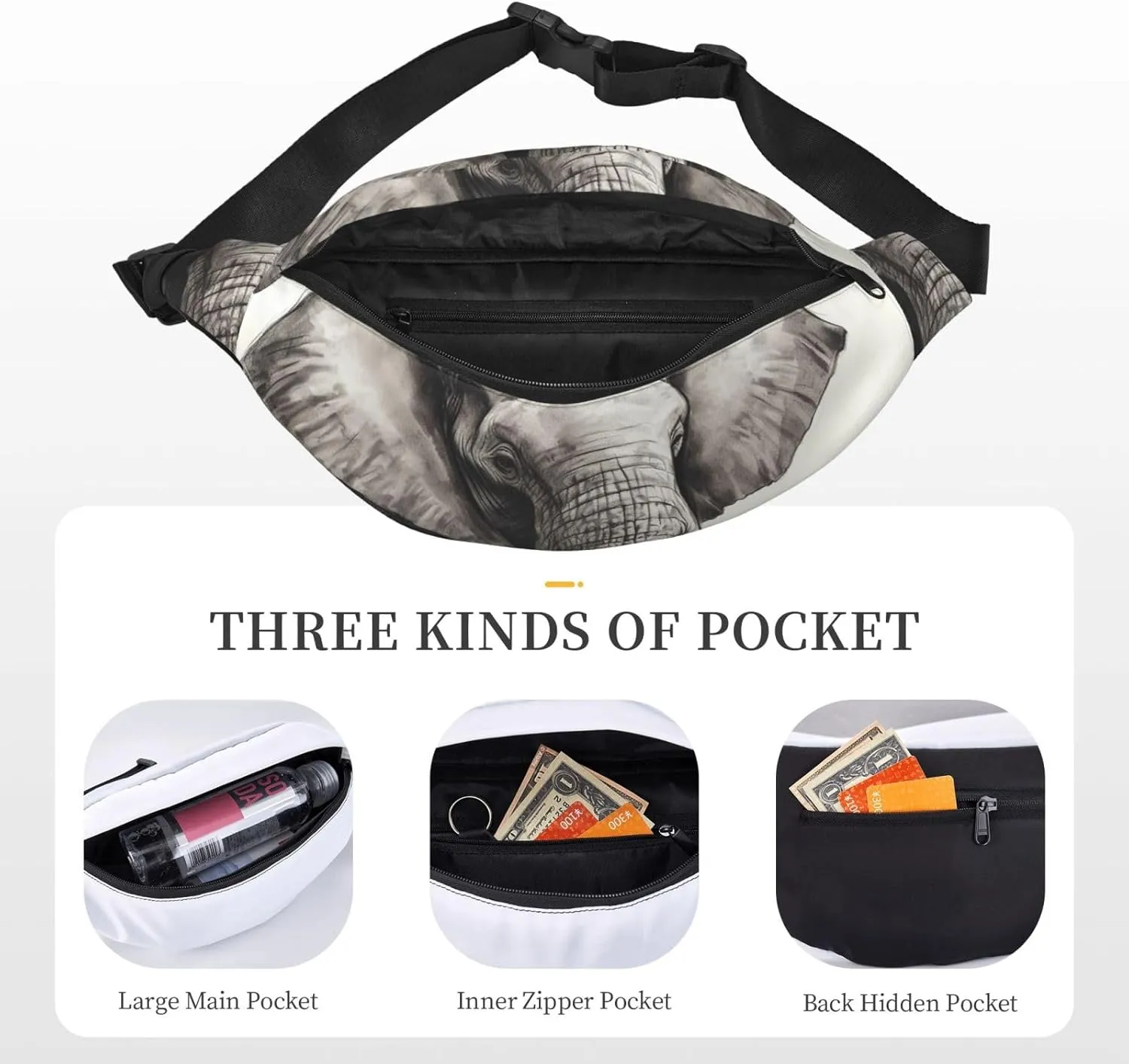 Fanny Pack for Men Women Waist Bag Adjustable Waist Pack Crossbody Belt Bag Elephant Sketch Bum Bag