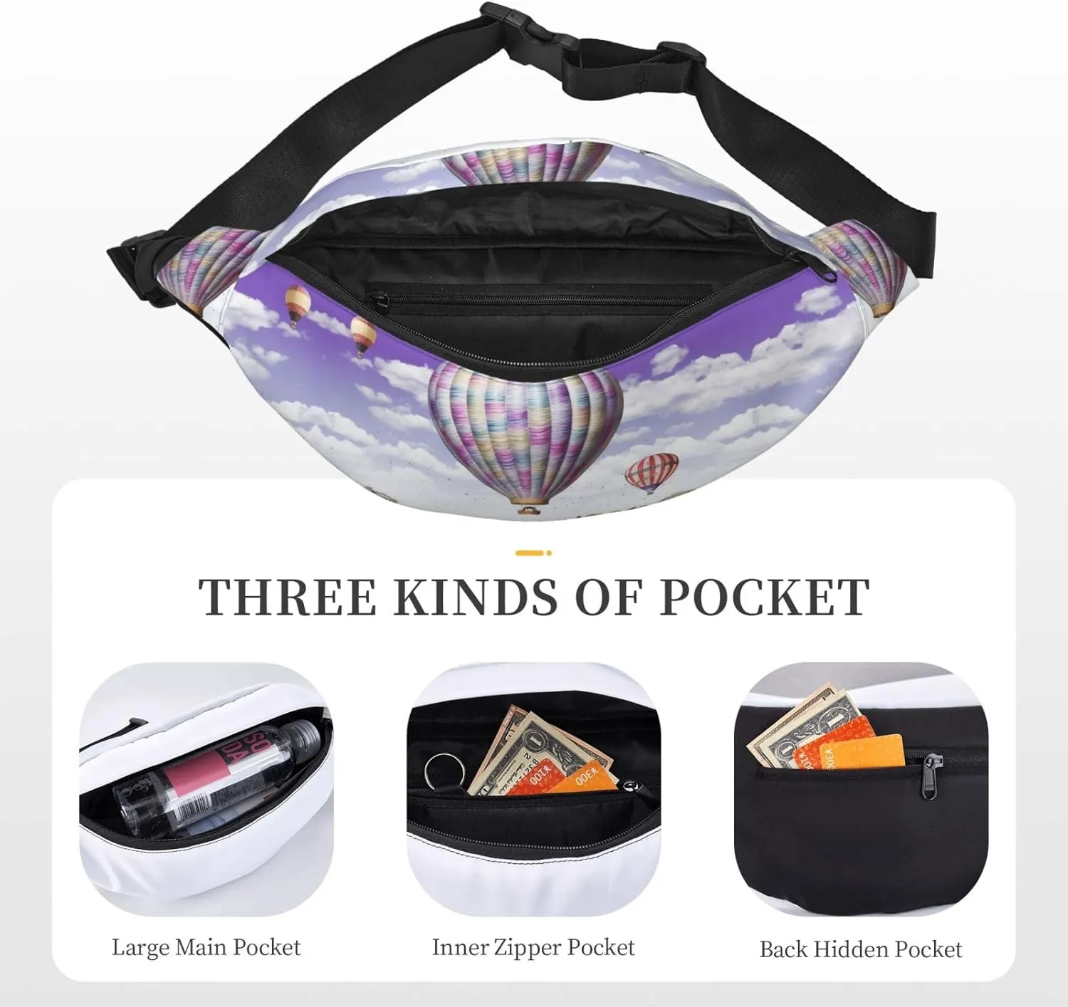 Fanny Pack for Men Women Waist Bag Adjustable Waist Pack Crossbody Belt Bag Lavender Hot Air Balloon Bum Bag