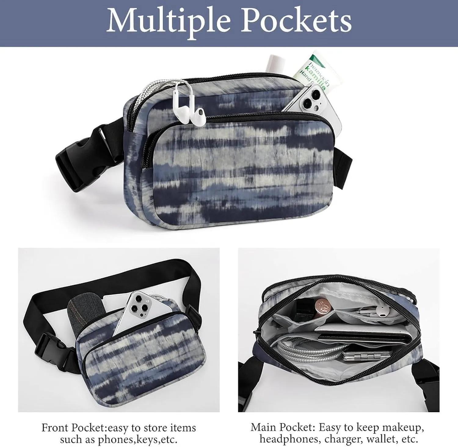 Fanny Pack for Women Men Indigo Dyed Stripes Belt Bag Blue Grey Waist Pack Bum Bag for Running Cycling Hiking Travel Workout with Adjustable Strap