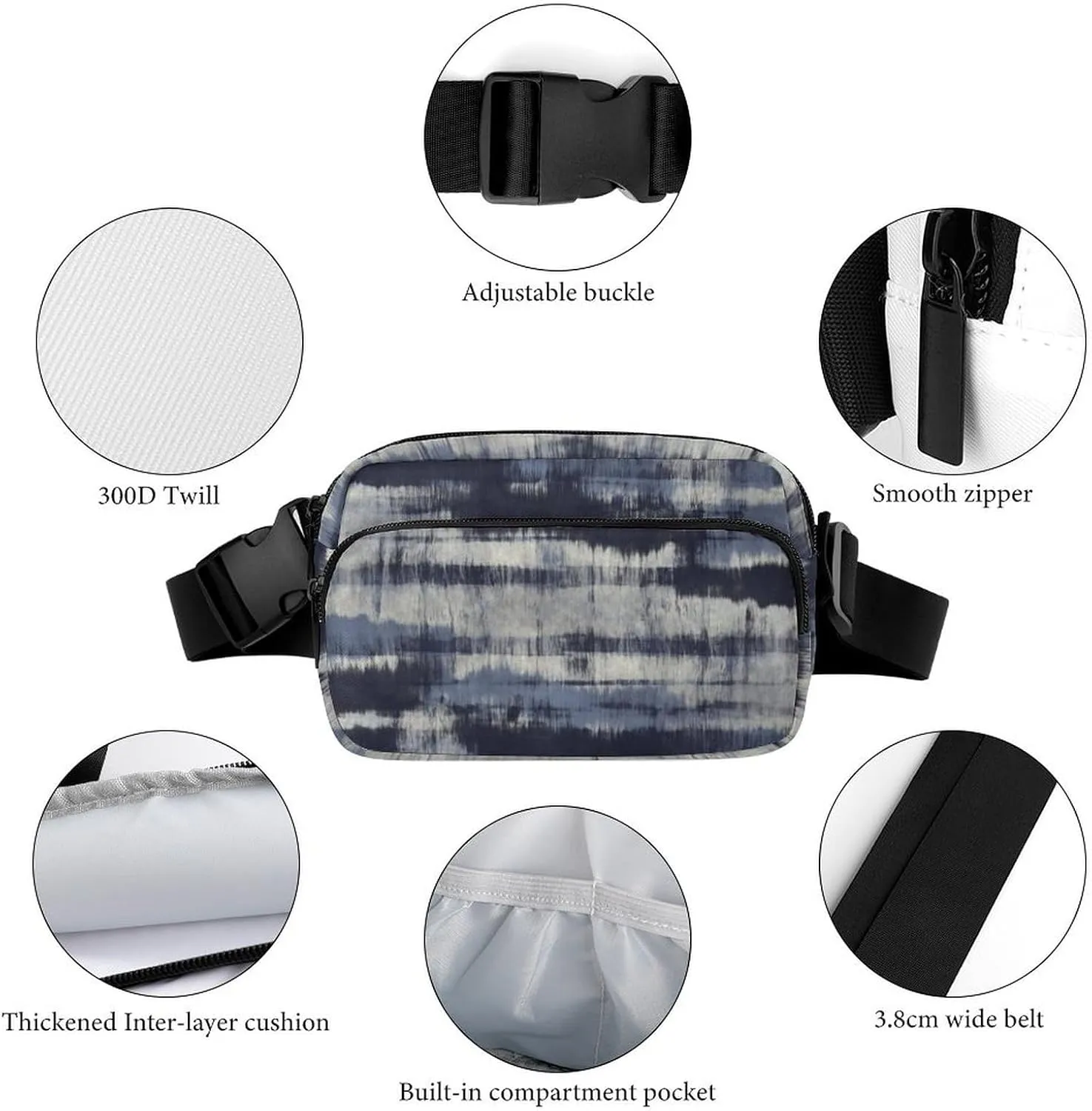Fanny Pack for Women Men Indigo Dyed Stripes Belt Bag Blue Grey Waist Pack Bum Bag for Running Cycling Hiking Travel Workout with Adjustable Strap