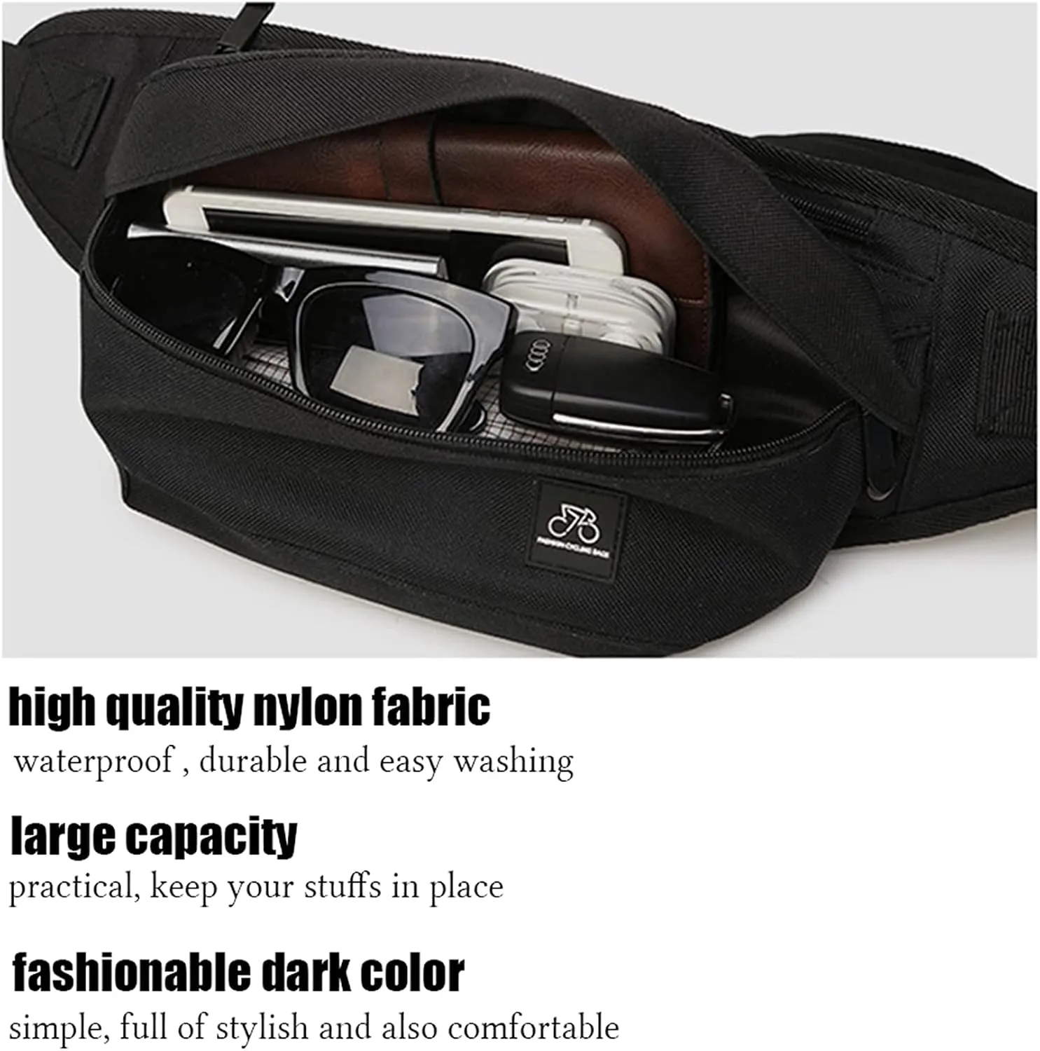 Fanny Packs for Women & Men Unisex Waist Bag Pack with Headphone Jack and Zipper Adjustable Strap Black Fanny Pack for Outdoors & Gym (fanny pack).