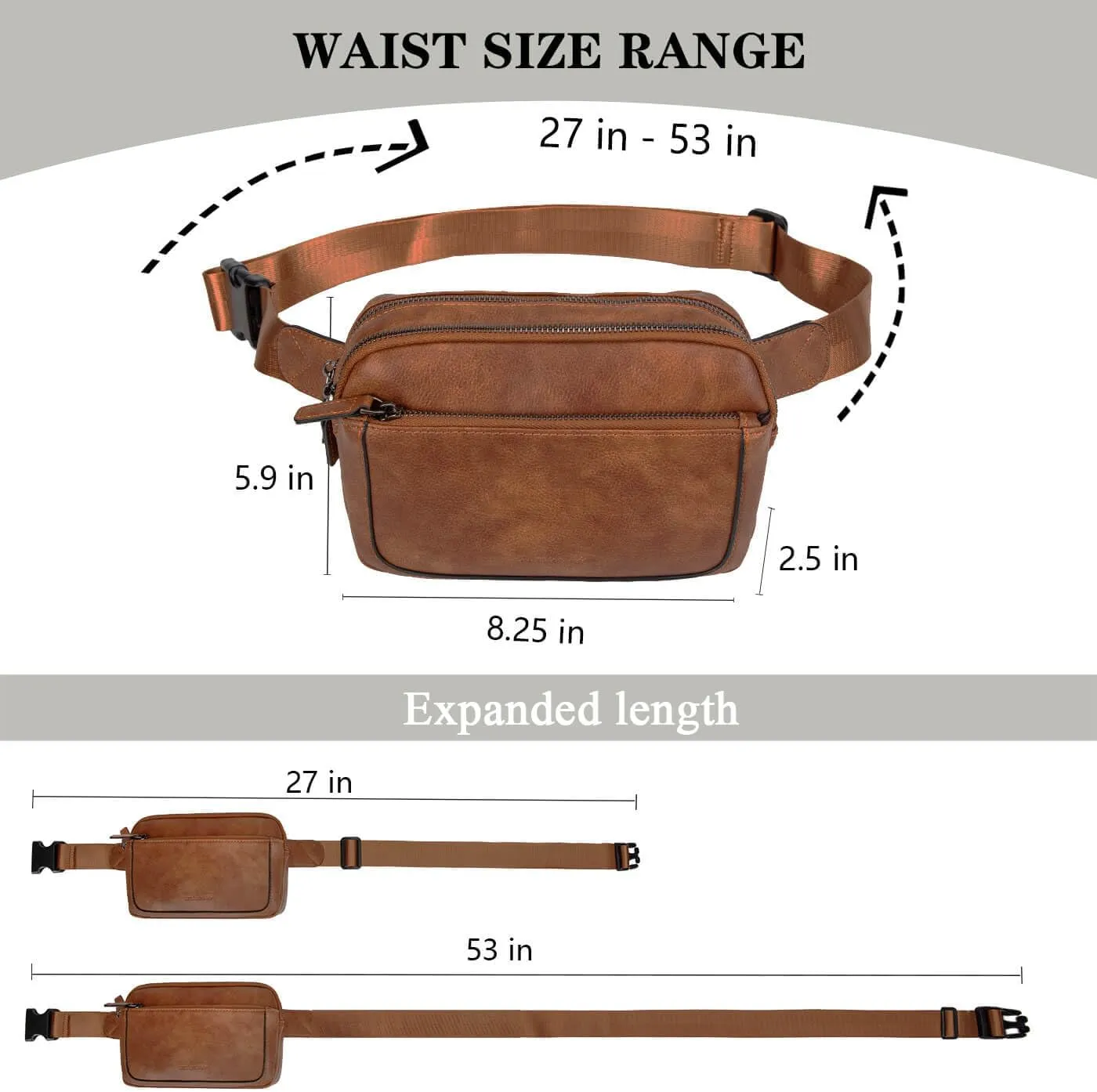 Fanny Packs for Women, Leather Vegan Belt Bag Crossbody Waist Bag Adjustable Strap, Large Fashion Everywhere Belt Bag, Brown