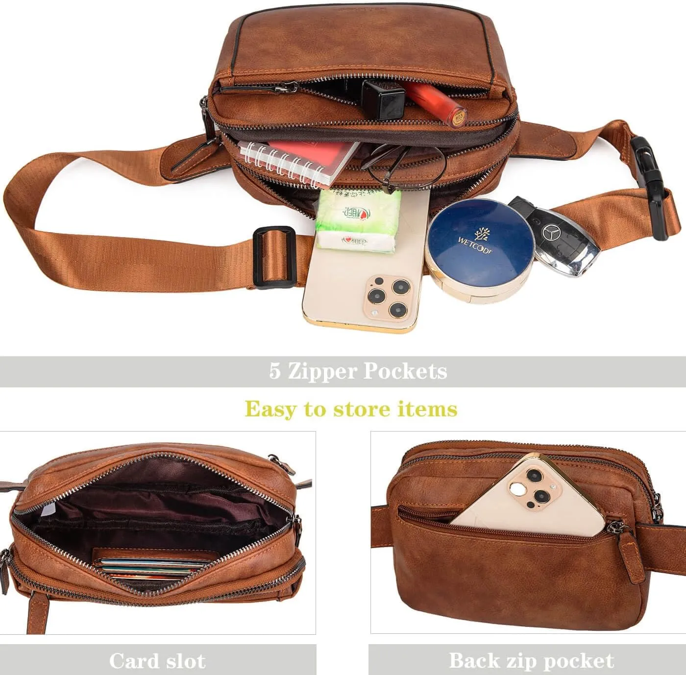 Fanny Packs for Women, Leather Vegan Belt Bag Crossbody Waist Bag Adjustable Strap, Large Fashion Everywhere Belt Bag, Brown