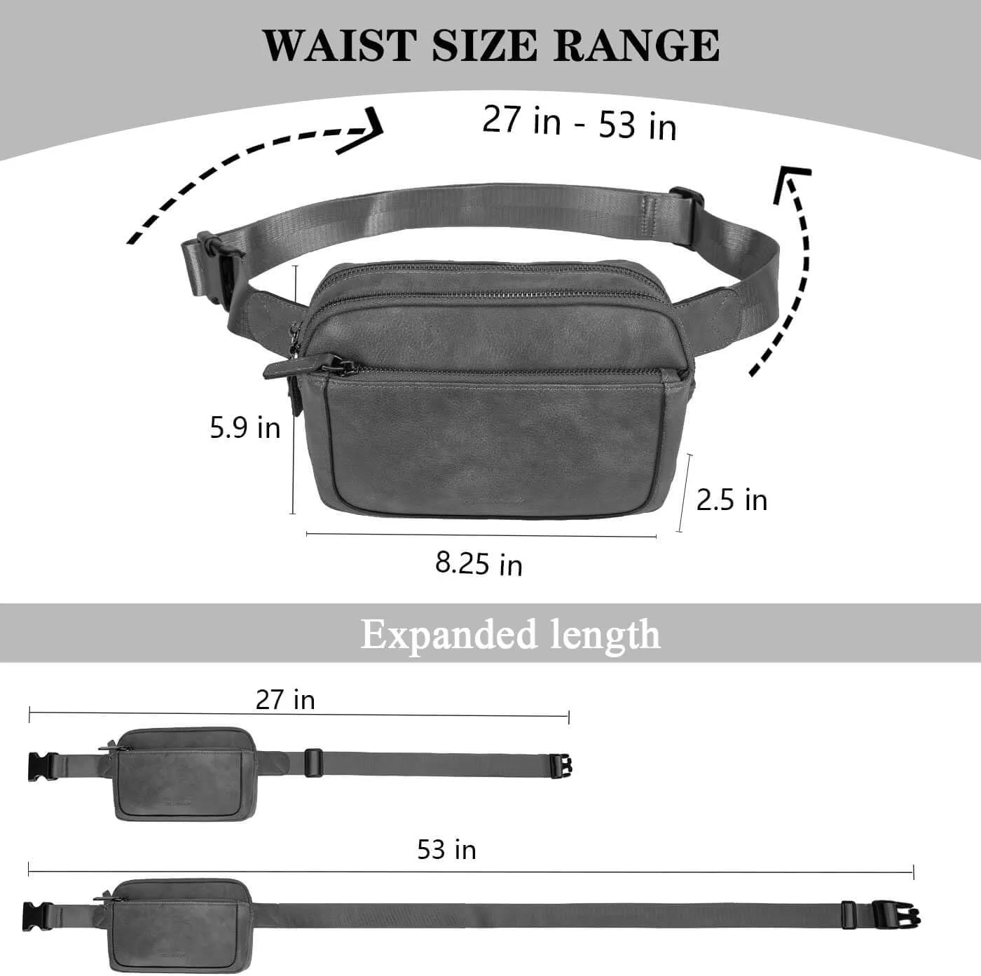 Fanny Packs for Women, Leather Vegan Belt Bag Crossbody Waist Bag Adjustable Strap, Large Fashion Everywhere Belt Bag, Grey