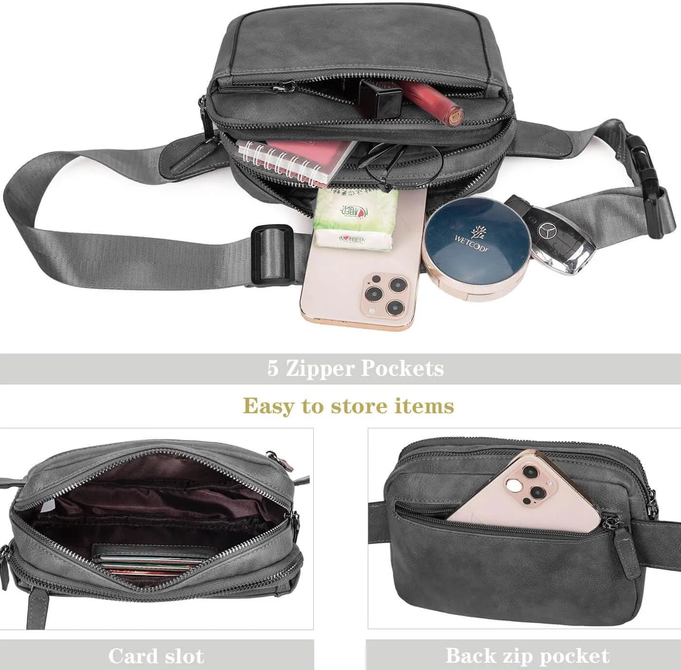 Fanny Packs for Women, Leather Vegan Belt Bag Crossbody Waist Bag Adjustable Strap, Large Fashion Everywhere Belt Bag, Grey