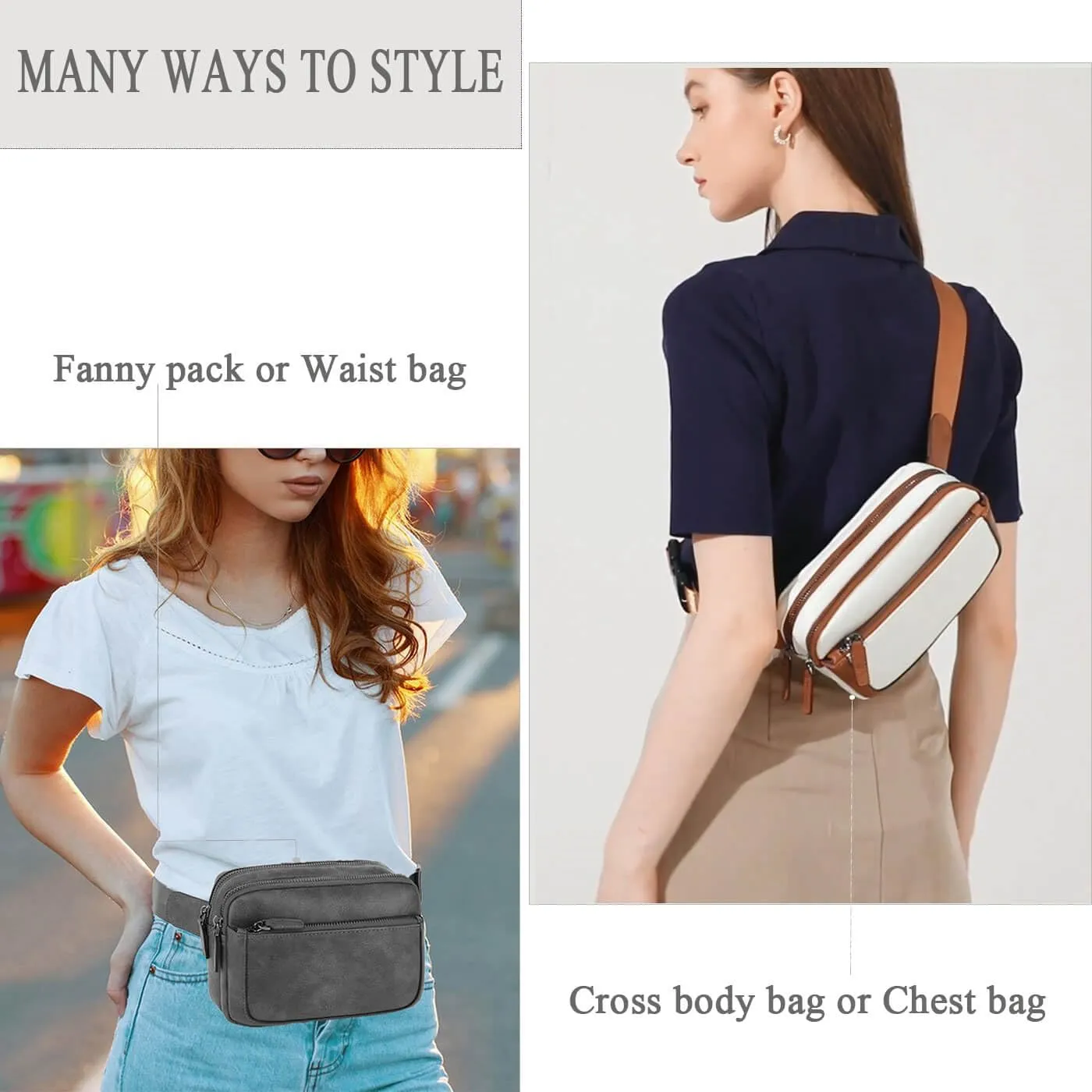 Fanny Packs for Women, Leather Vegan Belt Bag Crossbody Waist Bag Adjustable Strap, Large Fashion Everywhere Belt Bag, Grey