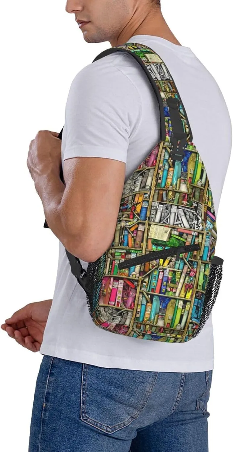 Fantasy Book Shelf Chest Sling Bag Crossbody Shoulder Backpack Bag Gym Cycling Travel Hiking Daypack Cross Bag