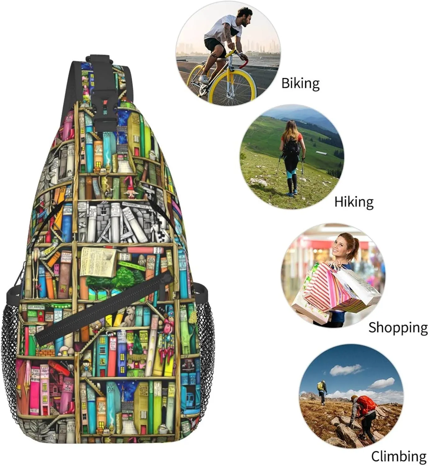 Fantasy Book Shelf Chest Sling Bag Crossbody Shoulder Backpack Bag Gym Cycling Travel Hiking Daypack Cross Bag